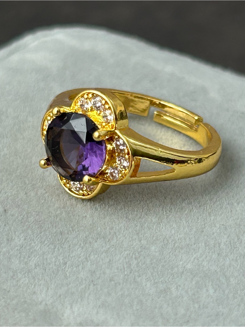 Gold Tone Fashion Ring with Purple Center Stone and Clear Accents